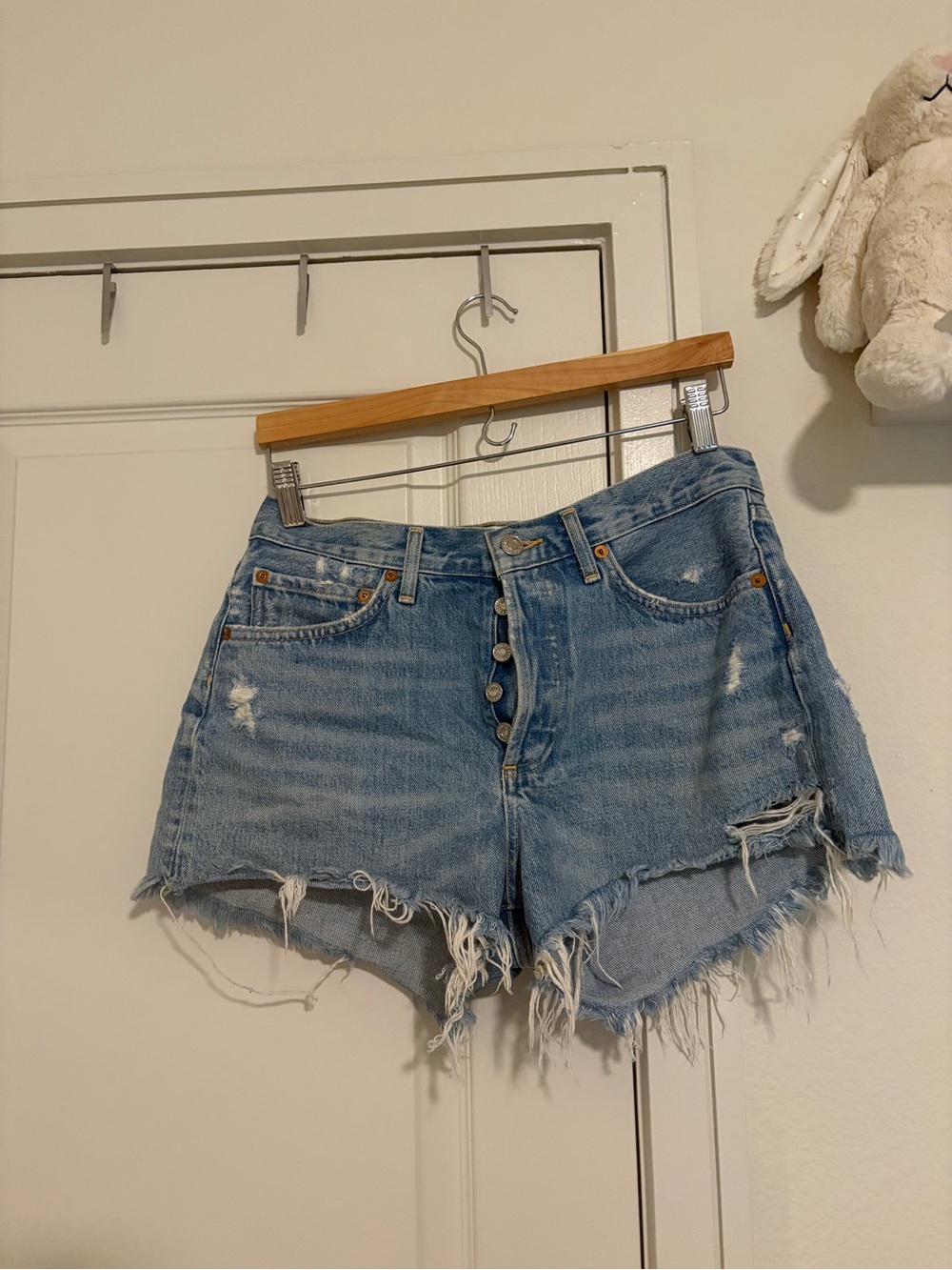 Agolde Light Blue Button-Fly Distressed Denim Shorts